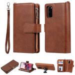 For Galaxy S20 2 in 1 Solid Color Zipper Shockproof Protective Case with Card Slots & Bracket & Photo Holder & Wallet Function(Brown)