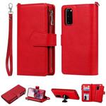 For Galaxy S20 2 in 1 Solid Color Zipper Shockproof Protective Case with Card Slots & Bracket & Photo Holder & Wallet Function(Red)