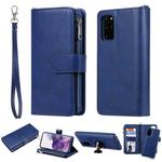 For Galaxy S20+ 2 in 1 Solid Color Zipper Shockproof Protective Case with Card Slots & Bracket & Photo Holder & Wallet Function(Blue)