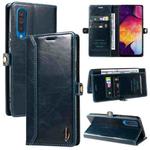For Samsung Galaxy A50 / A30s GQUTROBE RFID Blocking Oil Wax Leather Phone Case(Blue)