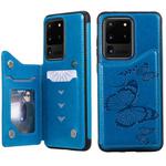 For Galaxy S20 Ultra Butterfly Embossing Pattern Shockproof Protective Case with Holder & Card Slots & Photo Frame(Blue)