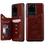For Galaxy S20 Ultra Butterfly Embossing Pattern Shockproof Protective Case with Holder & Card Slots & Photo Frame(Brown)