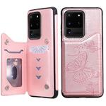 For Galaxy S20 Ultra Butterfly Embossing Pattern Shockproof Protective Case with Holder & Card Slots & Wallet(Rose Gold)