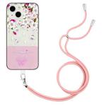 For iPhone 13 Bronzing Butterfly Flower TPU Phone Case with Lanyard(Peach Blossoms)