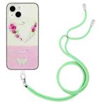 For iPhone 13 Bronzing Butterfly Flower TPU Phone Case with Lanyard(Rose Heart)