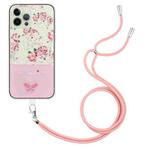 For iPhone 13 Pro Max Bronzing Butterfly Flower TPU Phone Case with Lanyard (Peony)