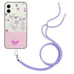For iPhone 12 Bronzing Butterfly Flower TPU Phone Case with Lanyard(Cherry Blossoms)