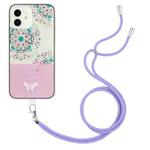 For iPhone 12 Bronzing Butterfly Flower TPU Phone Case with Lanyard(Peacock Flower)