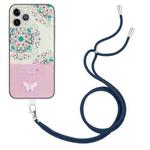 For iPhone 11 Pro Max Bronzing Butterfly Flower TPU Phone Case with Lanyard (Peacock Flower)