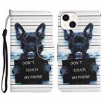 For iPhone 14 Colored Drawing Leather Phone Case (Black Dog)