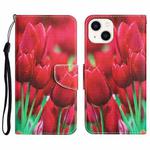 For iPhone 14 Colored Drawing Leather Phone Case (Tulips)