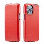 For iPhone 14 Pro Fierre Shann Oil Wax Texture Vertical Flip PU Phone Case(Red)