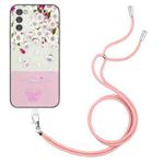 For Samsung Galaxy A13 5G Bronzing Butterfly Flower TPU Phone Case with Lanyard(Peach Blossoms)