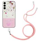 For Samsung Galaxy S22 5G Bronzing Butterfly Flower TPU Phone Case with Lanyard(Peach Blossoms)
