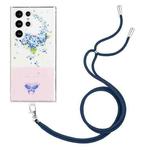 For Samsung Galaxy S22 Ultra 5G Bronzing Butterfly Flower TPU Phone Case with Lanyard(Hydrangea)