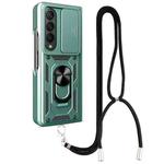 For Samsung Galaxy Z Fold4 Lanyard Slide Camshield Ring Phone Case(Dark Green)