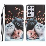 For Samsung Galaxy S21 Ultra 5G Colored Drawing Leather Phone Case(3 Cats)