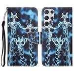 For Samsung Galaxy S22 Ultra 5G Colored Drawing Leather Phone Case(Giraffes)