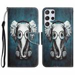 For Samsung Galaxy S22 Ultra 5G Colored Drawing Leather Phone Case(Earphone Elephant)