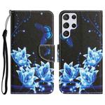 For Samsung Galaxy S22 Ultra 5G Colored Drawing Leather Phone Case(Blue Butterfly)