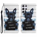 For Samsung Galaxy S22 Ultra 5G Colored Drawing Leather Phone Case(Black Dog)