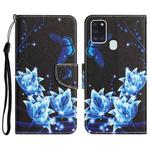 For Samsung Galaxy A21s Colored Drawing Leather Phone Case(Blue Butterfly)