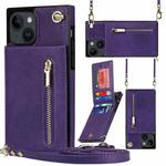 For iPhone 14 Cross-body Zipper Square Phone Case with Holder (Purple)