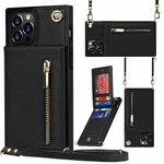 For iPhone 14 Pro Max Cross-body Zipper Square Phone Case with Holder (Black)