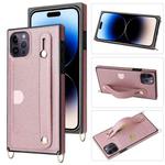 For iPhone 14 Pro Max Crossbody Lanyard Shockproof Protective Phone Case (Rose Gold)