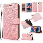 For iPhone 13 Skin Feel Embossed Sunflower Horizontal Leather Case(Rose Gold)