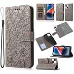 For iPhone 13 Skin Feel Embossed Sunflower Horizontal Leather Case(Gray)