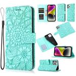 For iPhone 13 Pro Skin Feel Embossed Sunflower Horizontal Leather Case (Green)