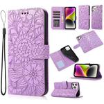 For iPhone 13 Pro Max Skin Feel Embossed Sunflower Horizontal Leather Case (Purple)