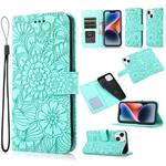 For iPhone 14 Skin Feel Embossed Sunflower Horizontal Leather Case (Green)