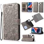 For iPhone 14 Plus Skin Feel Embossed Sunflower Horizontal Leather Case (Gray)
