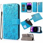 For iPhone 14 Pro Skin Feel Embossed Sunflower Horizontal Leather Case(Blue)