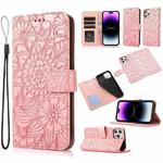 For iPhone 14 Pro Skin Feel Embossed Sunflower Horizontal Leather Case(Rose Gold)