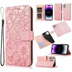 For iPhone 14 Pro Max Skin Feel Embossed Sunflower Horizontal Leather Case (Rose Gold)