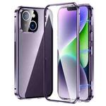For iPhone 14 Magnetic Double-buckle HD Tempered Glass Phone Case (Purple)