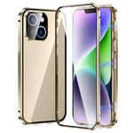 For iPhone 14 Plus Magnetic Double-buckle HD Tempered Glass Phone Case (Gold)
