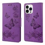 For iPhone 14 Pro Butterfly Embossed Horizontal Flip Leather Phone Case(Purple)