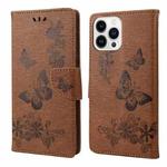 For iPhone 14 Pro Butterfly Embossed Horizontal Flip Leather Phone Case(Brown)