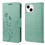 For iPhone 14 Butterfly Flower Pattern Flip Leather Phone Case (Green)