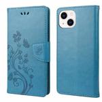 For iPhone 14 Plus Butterfly Flower Pattern Flip Leather Phone Case (Blue)