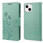 For iPhone 14 Plus Butterfly Flower Pattern Flip Leather Phone Case (Green)