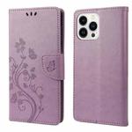 For iPhone 14 Pro Max Butterfly Flower Pattern Flip Leather Phone Case (Light Purple)