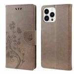 For iPhone 14 Pro Max Butterfly Flower Pattern Flip Leather Phone Case (Grey)