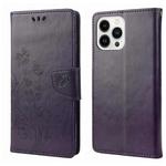 For iPhone 14 Pro Max Butterfly Flower Pattern Flip Leather Phone Case (Deep Purple)