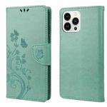 For iPhone 14 Pro Max Butterfly Flower Pattern Flip Leather Phone Case (Green)