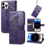 For iPhone 14 Pro Butterfly Embossing Leather Case(Dark Purple)